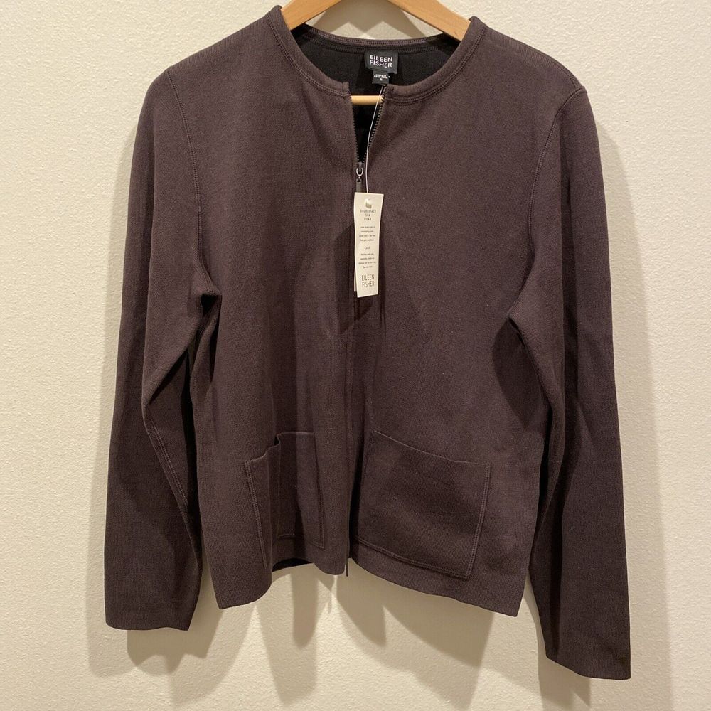 Vintage NWT Eileen Fisher Jacket Round Neck Zip Brown Spa Wear Small